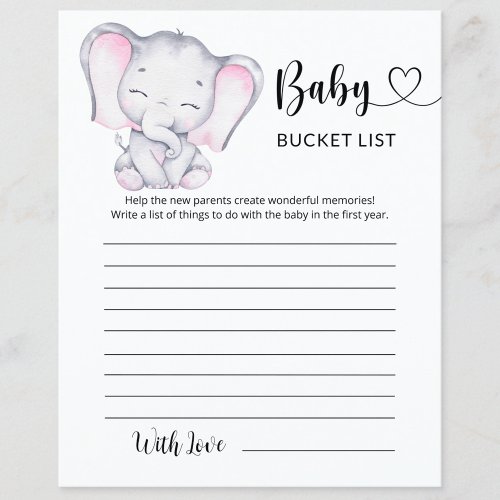 Girls Elephant Watercolor Baby Shower Bucket List