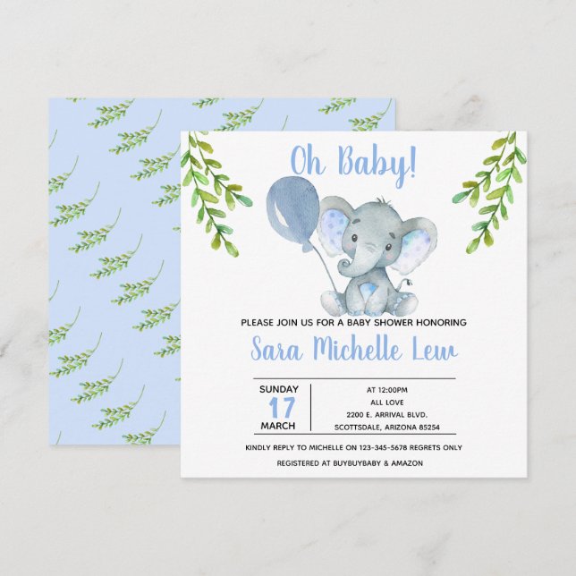 Girl's Elephant Watercolor Baby Shower Invitation (Front/Back)