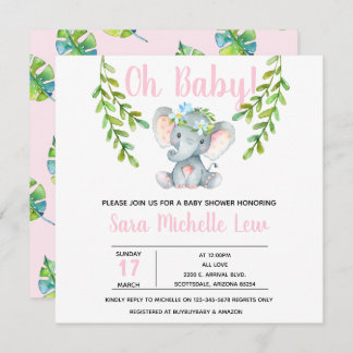 Girl's Elephant Watercolor Baby Shower Invitation