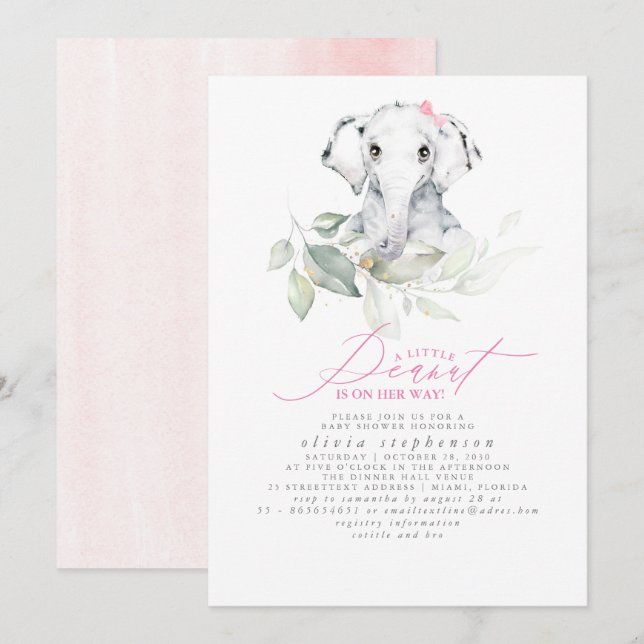 Girl's Elephant Watercolor Greenery Baby Shower Invitation (Front/Back)