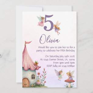 Girls Fairy 5th Birthday Party Invitation