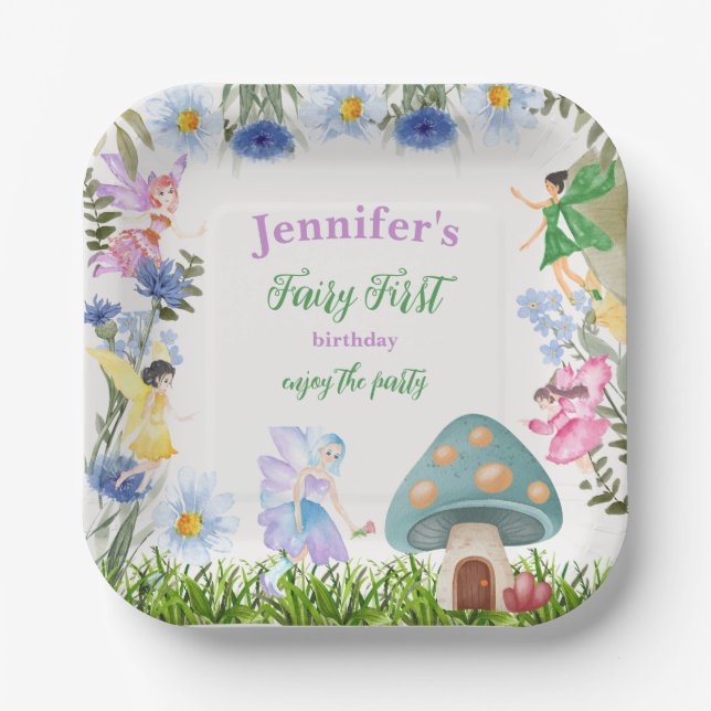 Girl's Fairy Birthday Fairies and Flowers Any Age Paper Plates (Front)