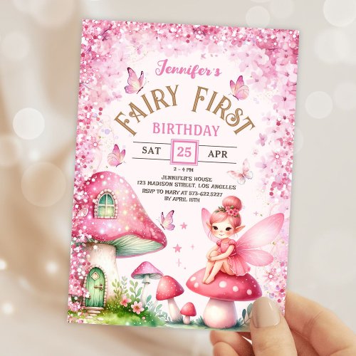Girls Fairy First Birthday Pink Enchanted Forest  Invitation