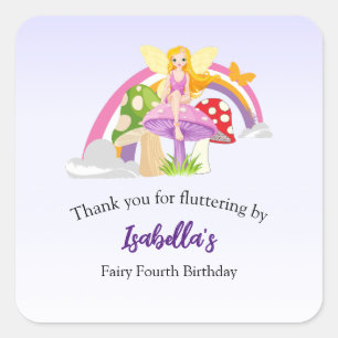 Girls Fairy Mushroom Rainbow Birthday Square Sticker