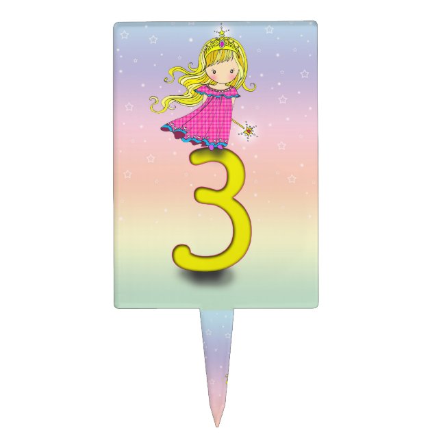 Girls Fairy Princess 3 Year Old Birthday Cake Topper (Front)