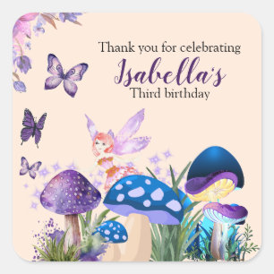 Girls Fairy Purple Mushroom Butterfly Birthday Square Sticker