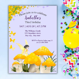 Girls Fairy Yellow Mushroom Butterfly Birthday Invitation