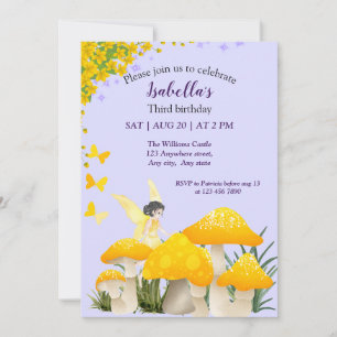Girls Fairy Yellow Mushroom Butterfly Birthday Invitation