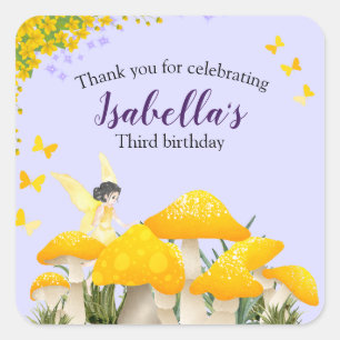 Girls Fairy Yellow Mushroom Butterfly Birthday Square Sticker
