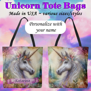 Girl's Fairytale Watercolor Unicorn Custom Name Tote Bag
