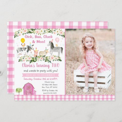 Girls Farm Animal Pink Floral Birthday Invitation