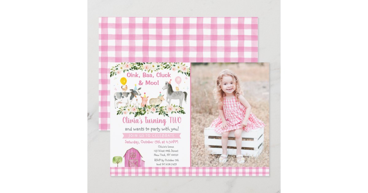 Girls Farm Animal Pink Floral Birthday Invitation | Zazzle