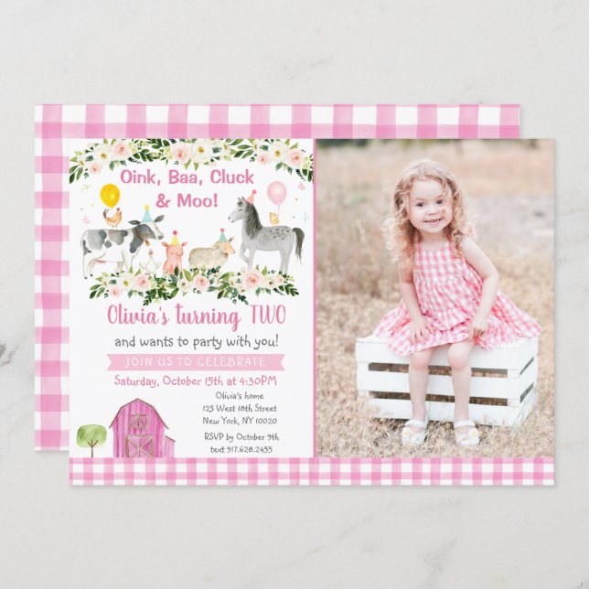 Girls Farm Animal Pink Floral Birthday Invitation (Front/Back)