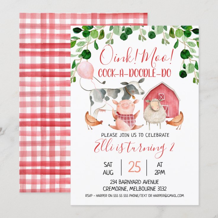 Girls Farm Animals And Balloon Birthday Invitation | Zazzle