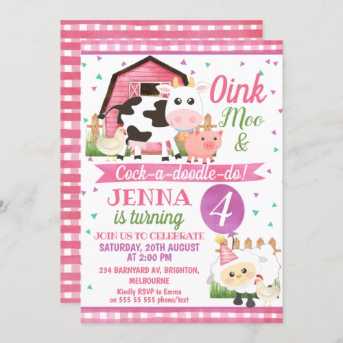 Girls Farm Animals Birthday Invitations