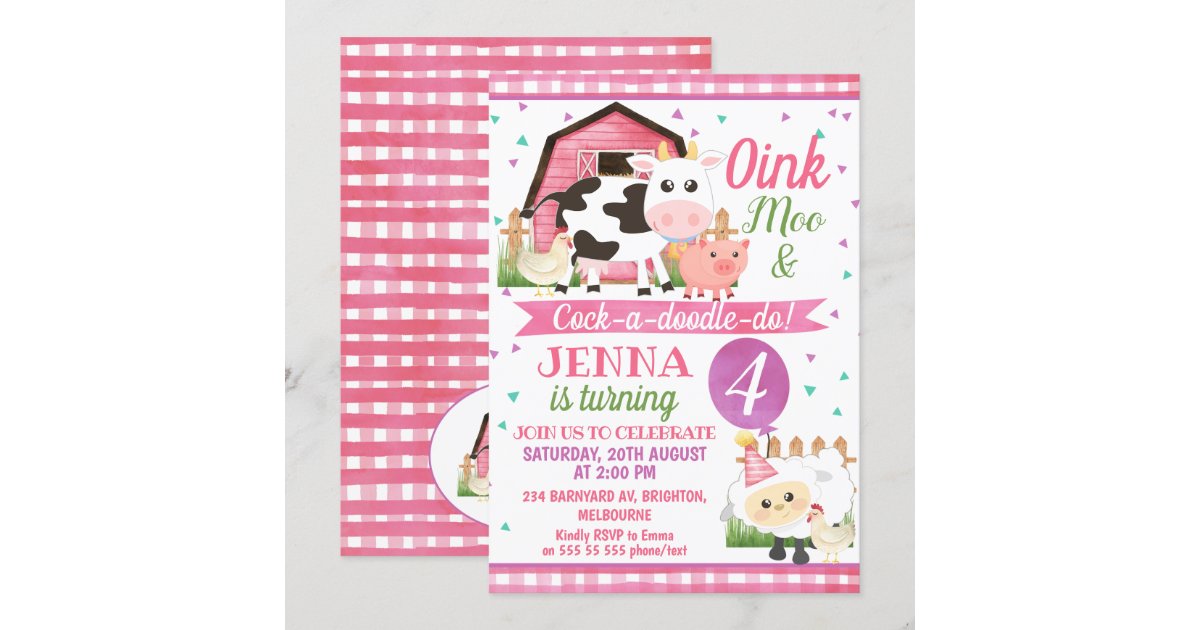 Girls Farm Animals Birthday Invitations | Zazzle