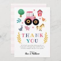 Girls Farm Animals Pink Rustic Tractor Baby Shower Thank You Card