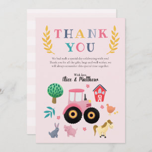 Girls Farm Animals Pink Tractor Kids Birthday Thank You Card