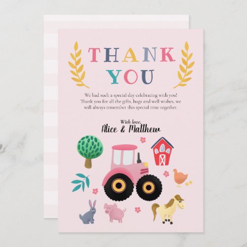 Girls Farm Animals Pink Tractor Kids Birthday Thank You Card