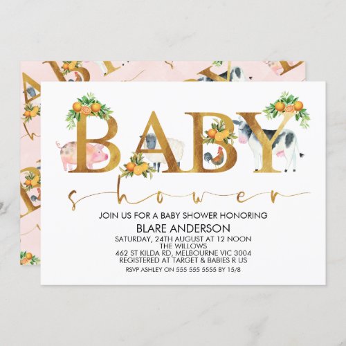 Girls Farm Animals Word Baby Shower Invitation