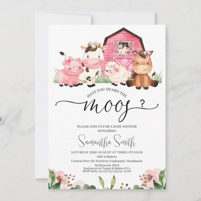 Girls Farm Have You Heard The Moos Baby Shower Invitation (Front)