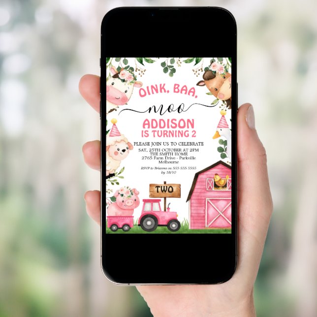 Girls Farm Pink Barn Tractor Birthday Invitation (Front Digital)