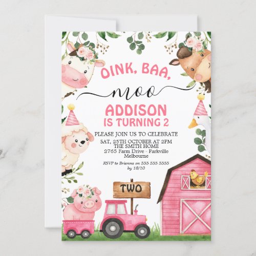 Girls Farm Pink Barn Tractor Birthday Invitation