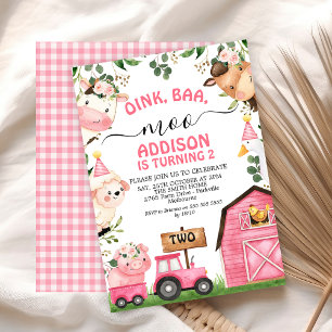 Girls Farm Pink Barn Tractor Birthday Invitation