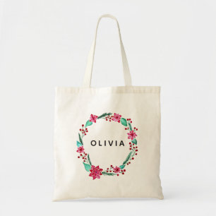 Girls Festive Christmas Flower Wreath & Name Tote Bag