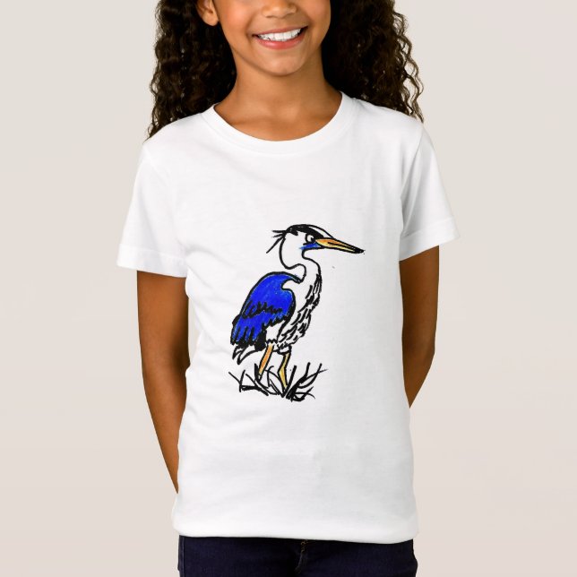 Girls' Fine Jersey T-Shirt - Cartoon Blue Heron (Front)
