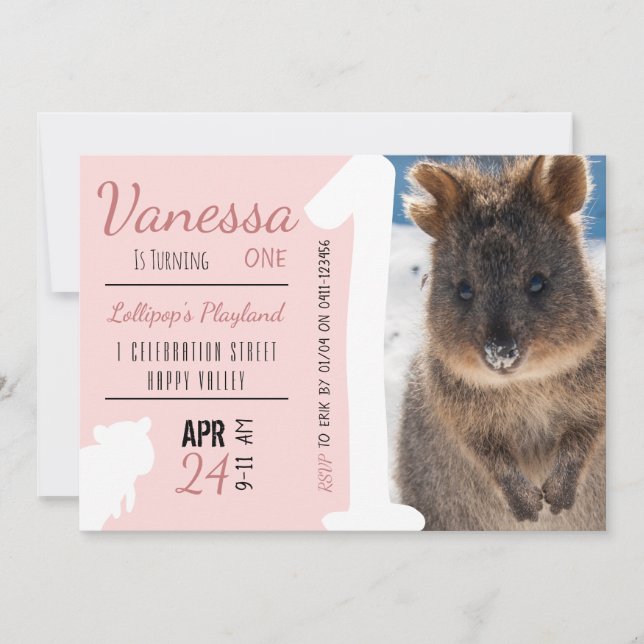 Girls First Birthday Blue Quokka Australia Photo Invitation (Front)