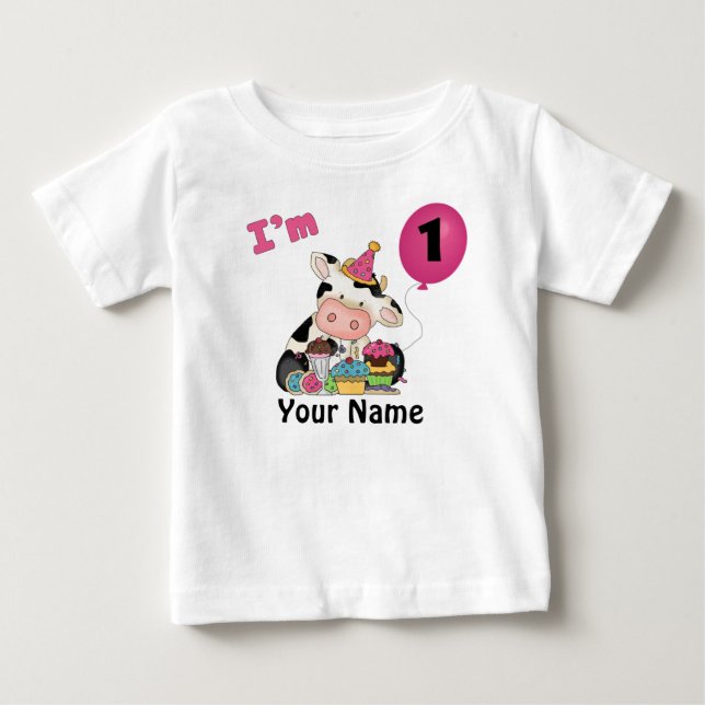 Girls First Birthday Cow Baby T-Shirt (Front)