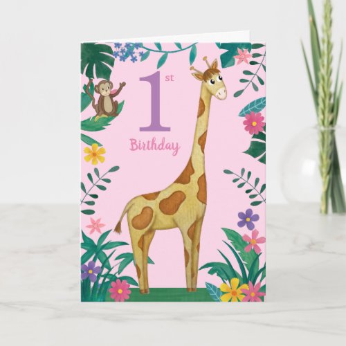 Girls first Birthday Giraffe Card