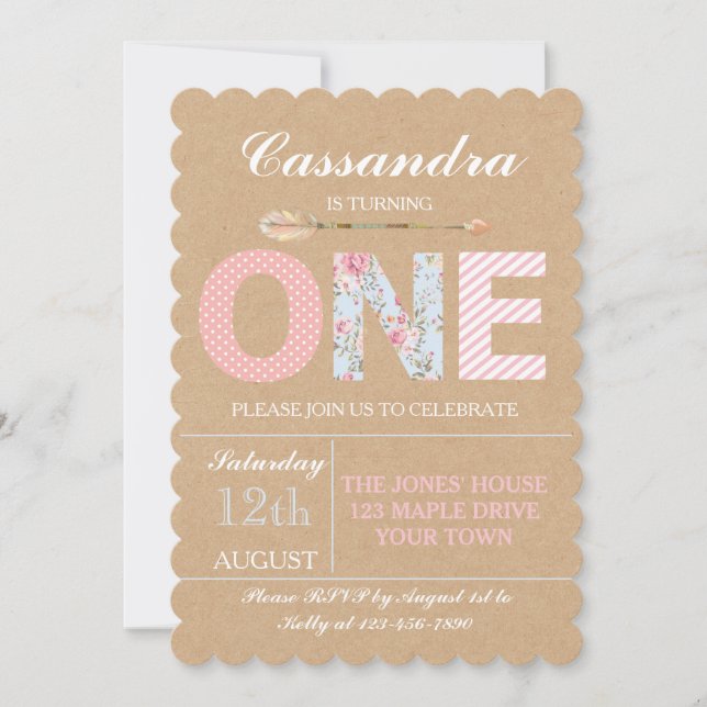 Girls First Birthday Invitation - Shabby Chic (Front)