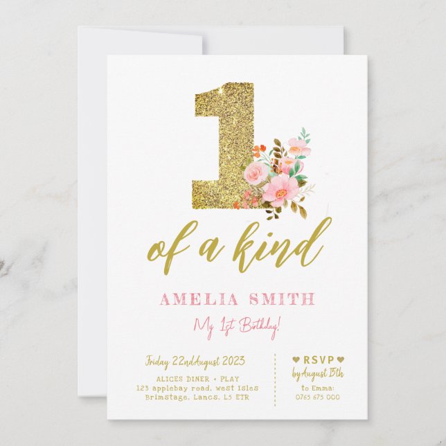 Girls first birthday invite, Glitter one, onderful Invitation (Front)