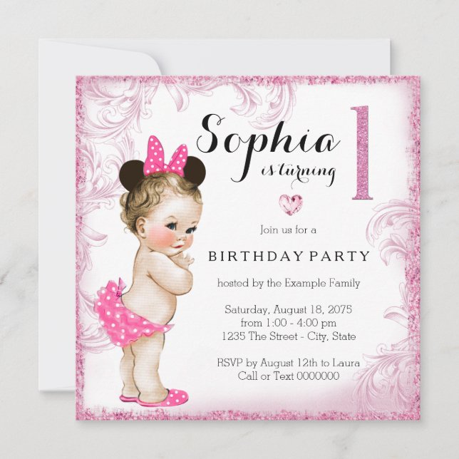 Girls First Birthday Party Pink Swirl Invitation (Front)