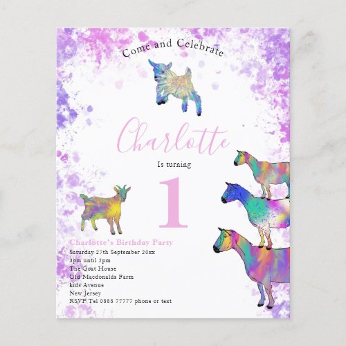 Girls First Birthday Party Watercolor Goats Budget Flyer