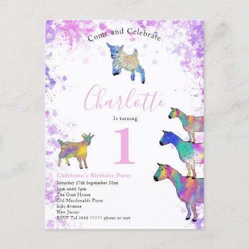 Girls First Birthday Party Watercolor Goats Invitation Postcard