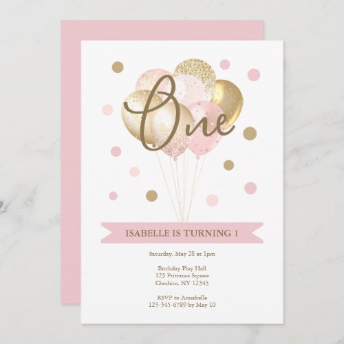 Girls First Birthday Pink and Gold Party  Invitation