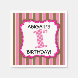 Girl's First Birthday Pink Brown Stripes Paper Napkins