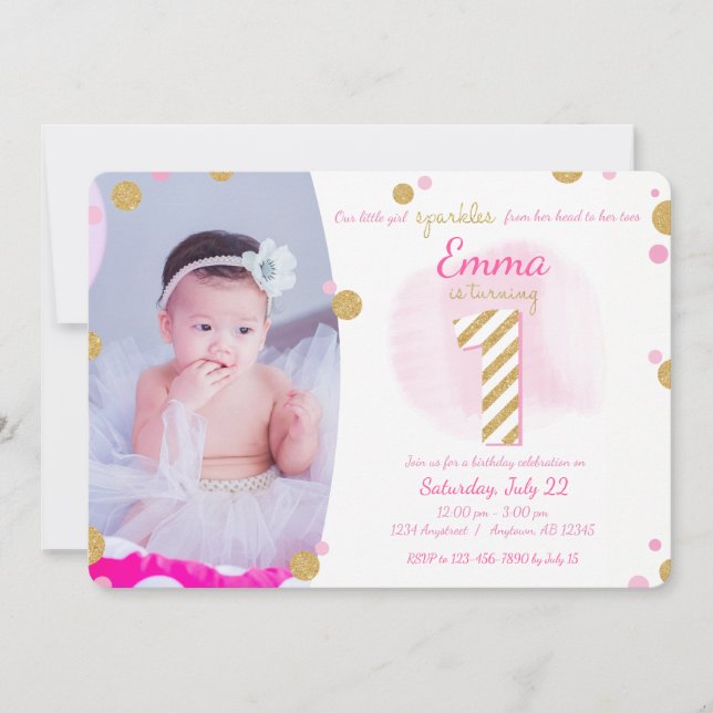 Girls First Birthday Pink Gold Sparkly Invitation (Front)
