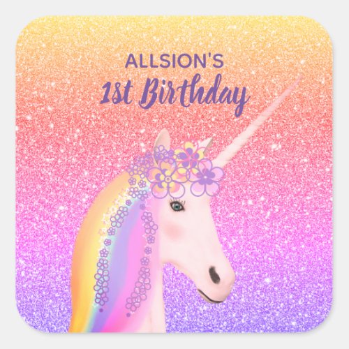 Girls First Birthday Unicorn Rainbow Personalized Square Sticker
