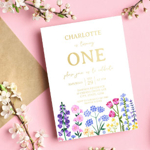 Girl's First Birthday Wildflower Garden Party Foil Invitation