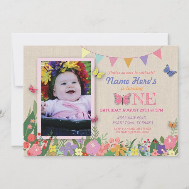 Girl's First Butterfly Garden One Birthday Invite (Front)