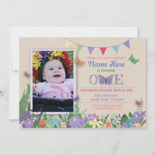 Girls First Butterfly Garden One Birthday Invite