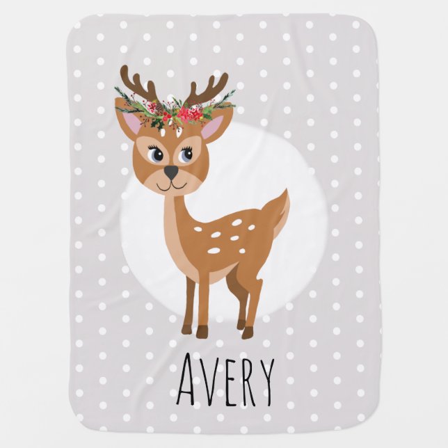 Girls First Christmas Reindeer with Flowers & Name Baby Blanket (Front)