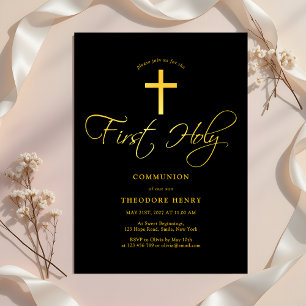 Girls First Communion Black and Gold Invitation