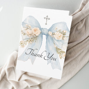 Girl's First Communion Blue Floral Bow Thank You