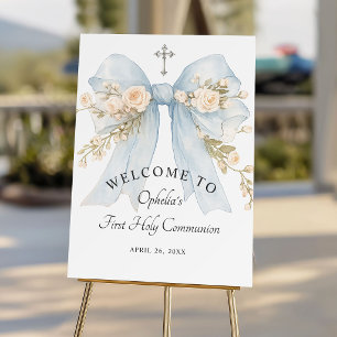 Girl's First Communion Dusty Blue Floral Bow Foam Board