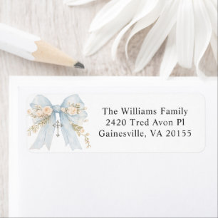 Girl's First Communion Dusty Blue Floral Bow Label